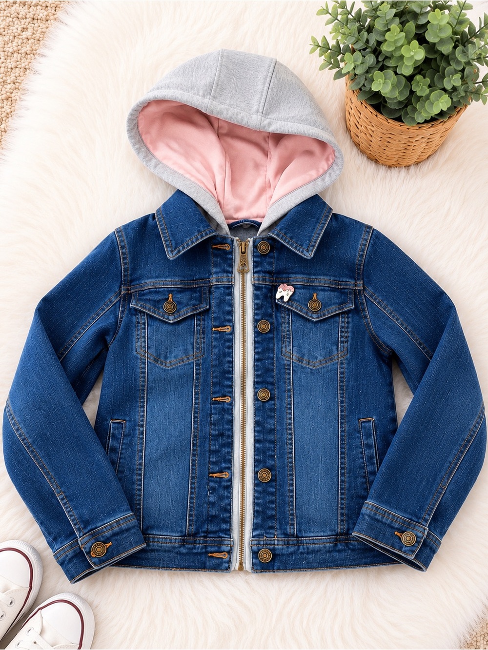 Urban Republic Girl’s Blue Denim Jacket Gray Hood & Pin! - Picture 2 of 11